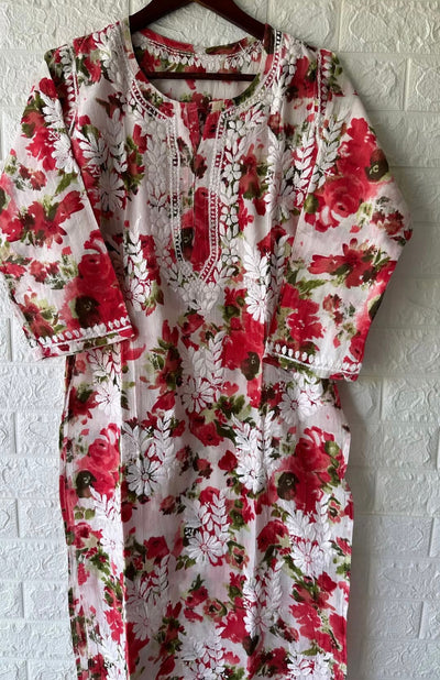 Heer Long Red Mulmul Chikankari Kurta