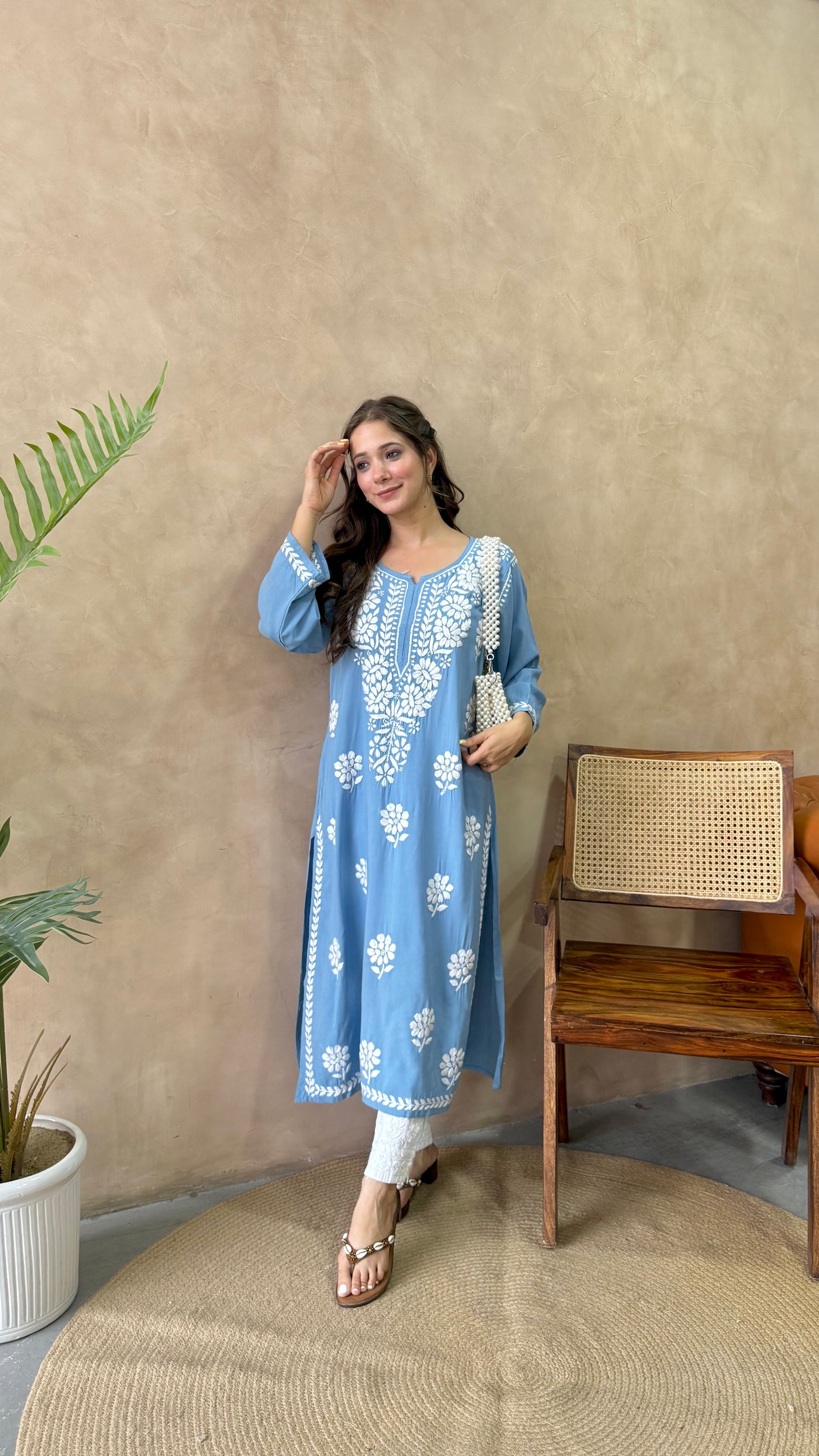 Raaha Powder Blue Long Rayon Straight Kurta