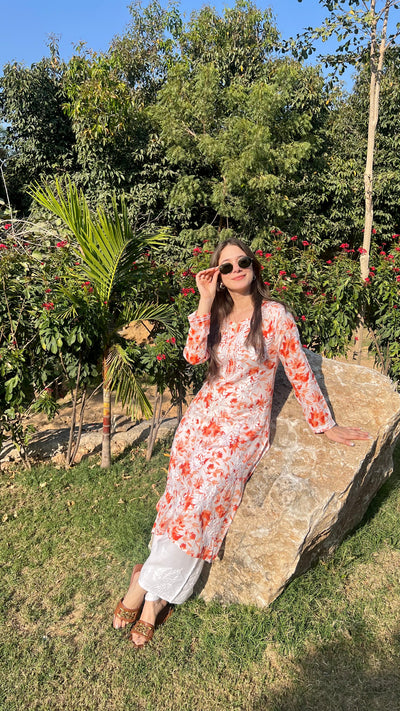 Hoor Long Orange Mulmul Chikankari Kurta