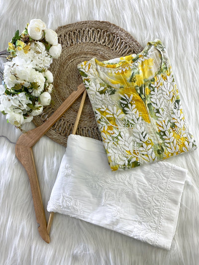 HEER Yellow MULMUL CHIKANKARI KURTA AND PANT SET