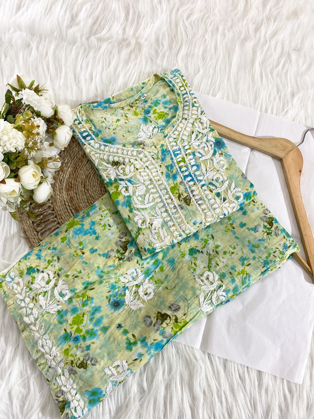 GUL Green HANDCRAFTED MULMUL CHIKANKARI CO-RD SET