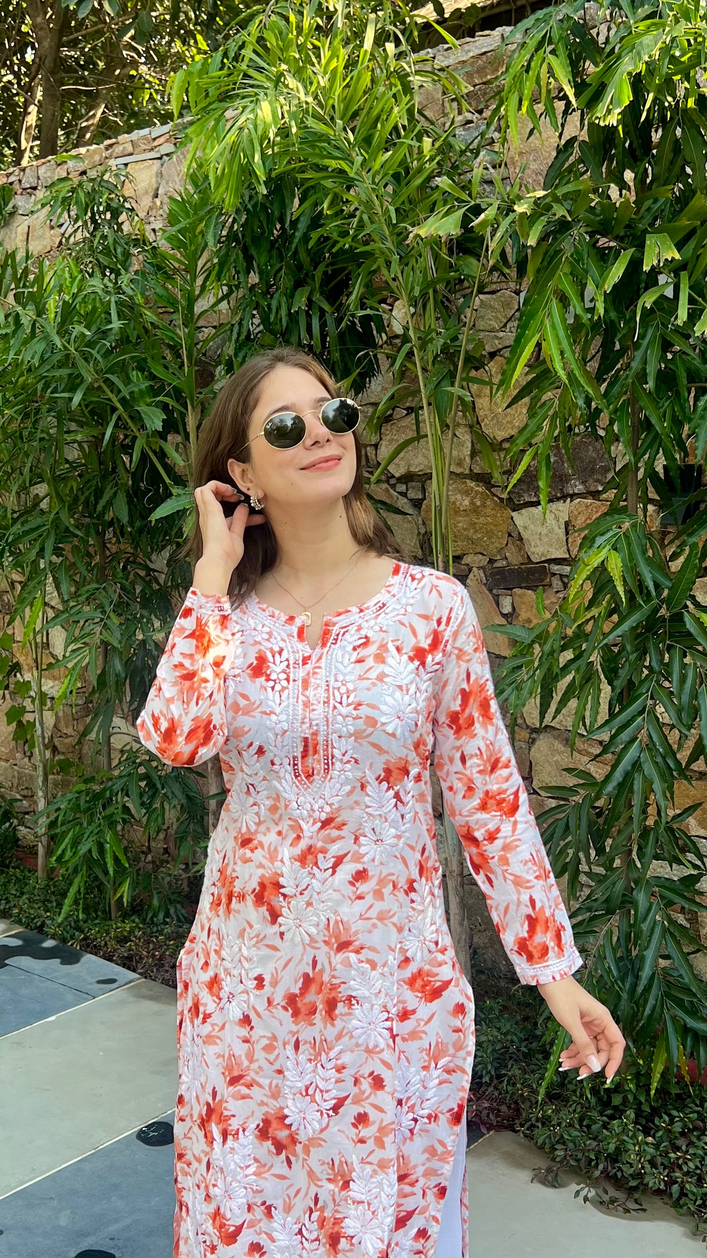 Hoor Long Orange Mulmul Chikankari Kurta