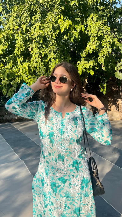 Hoor Sea Green Mulmul Chikankari Kurta And Pant Set