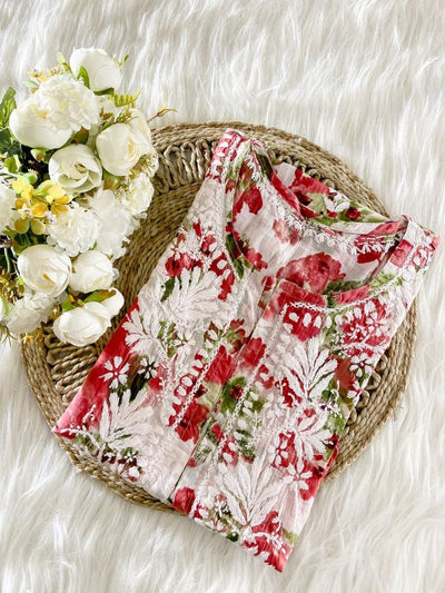 Heer Long Red Mulmul Chikankari Kurta