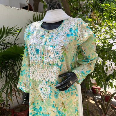 Rahat Long Green Mulmul Chikankari Kurta