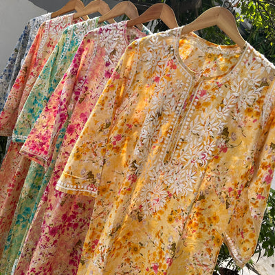 Rahat Long Green Mulmul Chikankari Kurta