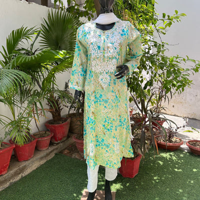Rahat Long Green Mulmul Chikankari Kurta