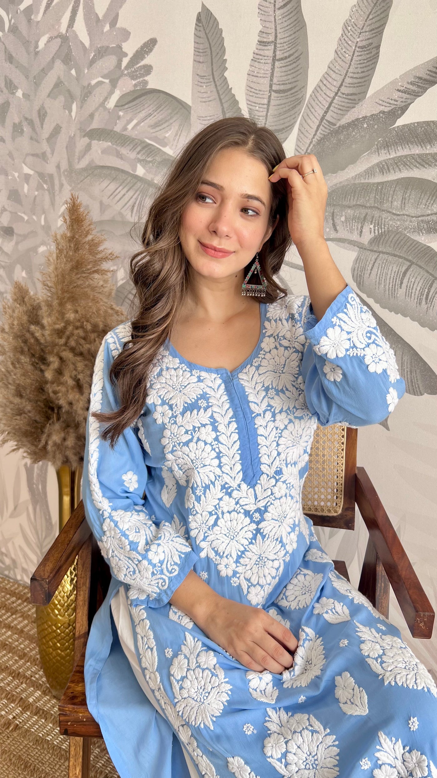 RAABTA PREMIUM DESIGNER LONG POWDER BLUE MODAL STRAIGHT KURTA