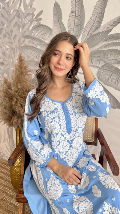 RAABTA PREMIUM DESIGNER LONG POWDER BLUE MODAL STRAIGHT KURTA