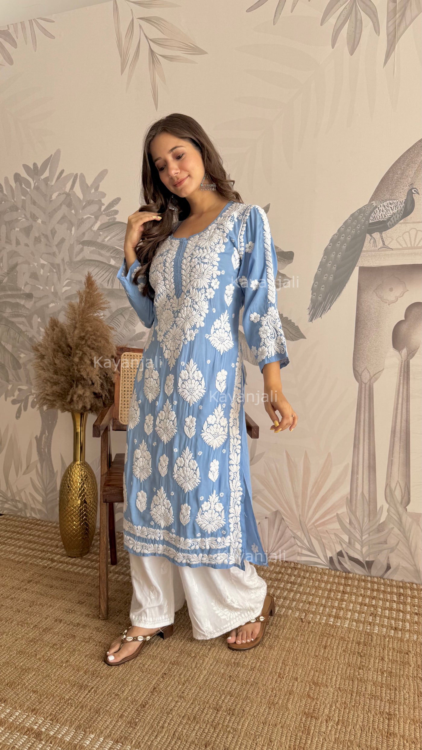 RAABTA PREMIUM DESIGNER LONG POWDER BLUE MODAL STRAIGHT KURTA