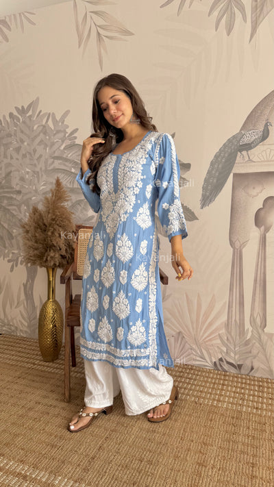 RAABTA PREMIUM DESIGNER LONG POWDER BLUE MODAL STRAIGHT KURTA