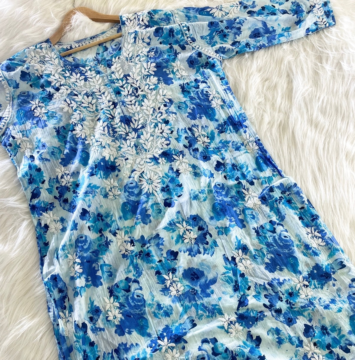 HEER Blue MULMUL CHIKANKARI KURTA AND PANT SET
