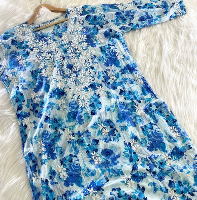 HEER Blue MULMUL CHIKANKARI KURTA AND PANT SET