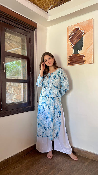 HOOR LONG BLUE MULMUL CHIKANKARI KURTA