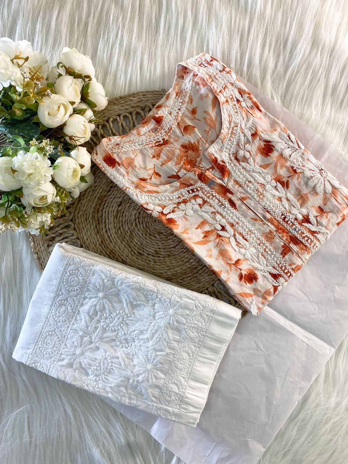 Hoor Orange Mulmul Chikankari Kurta And Pant Set