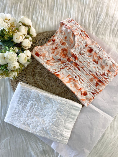 Hoor Orange Mulmul Chikankari Kurta And Pant Set