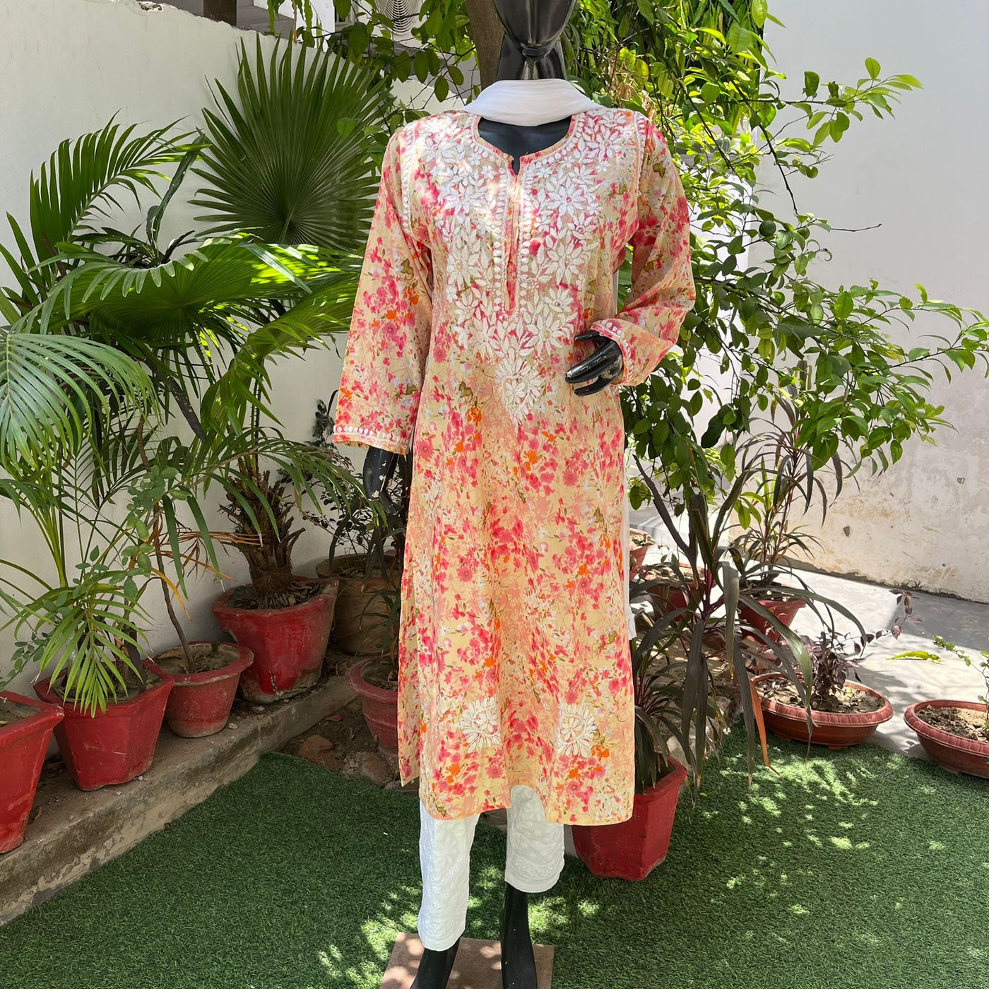 Rahat Long Peach Mulmul Chikankari Kurta