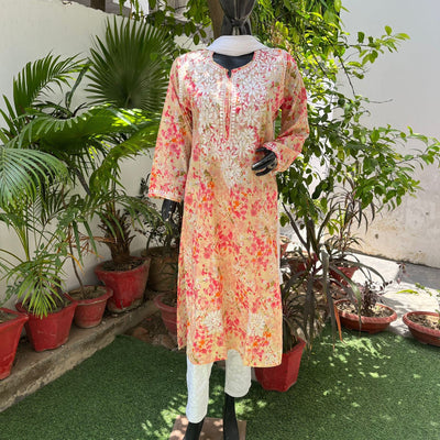 Rahat Long Peach Mulmul Chikankari Kurta