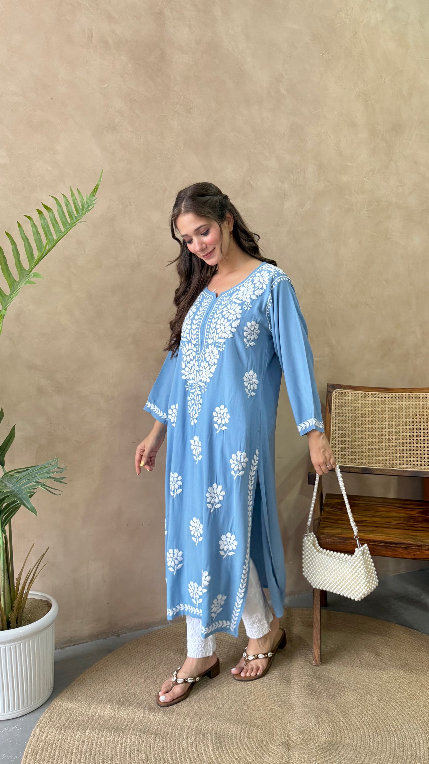 Raaha Powder Blue Long Rayon Straight Kurta