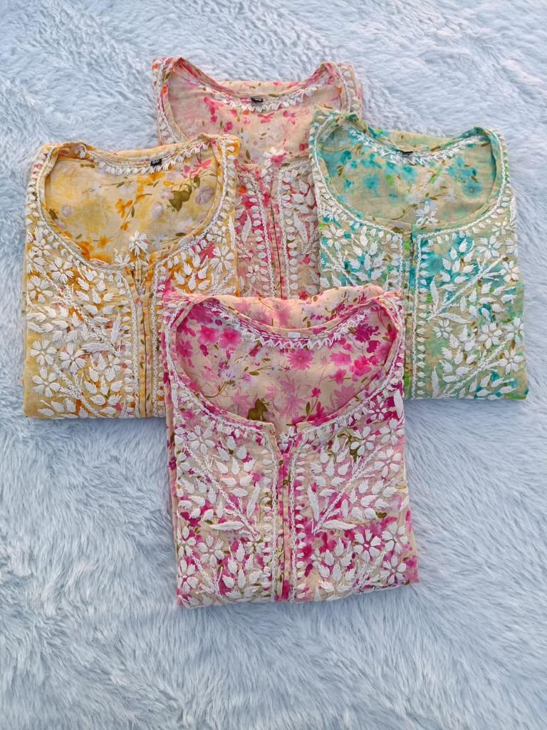 Rahat Long Peach Mulmul Chikankari Kurta