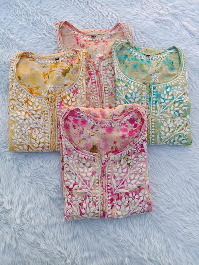 Rahat Long Peach Mulmul Chikankari Kurta