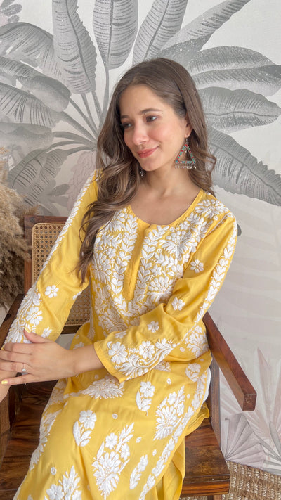 RAABTA PREMIUM DESIGNER LONG YELLOW MODAL STRAIGHT KURTA