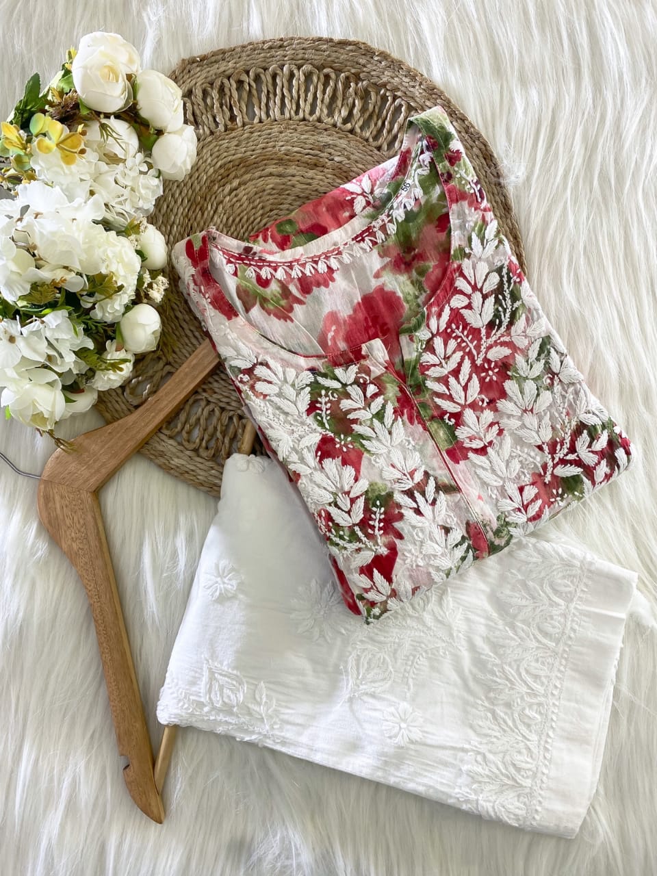 Heer Red Mulmul Chikankari Kurta And Pant Set