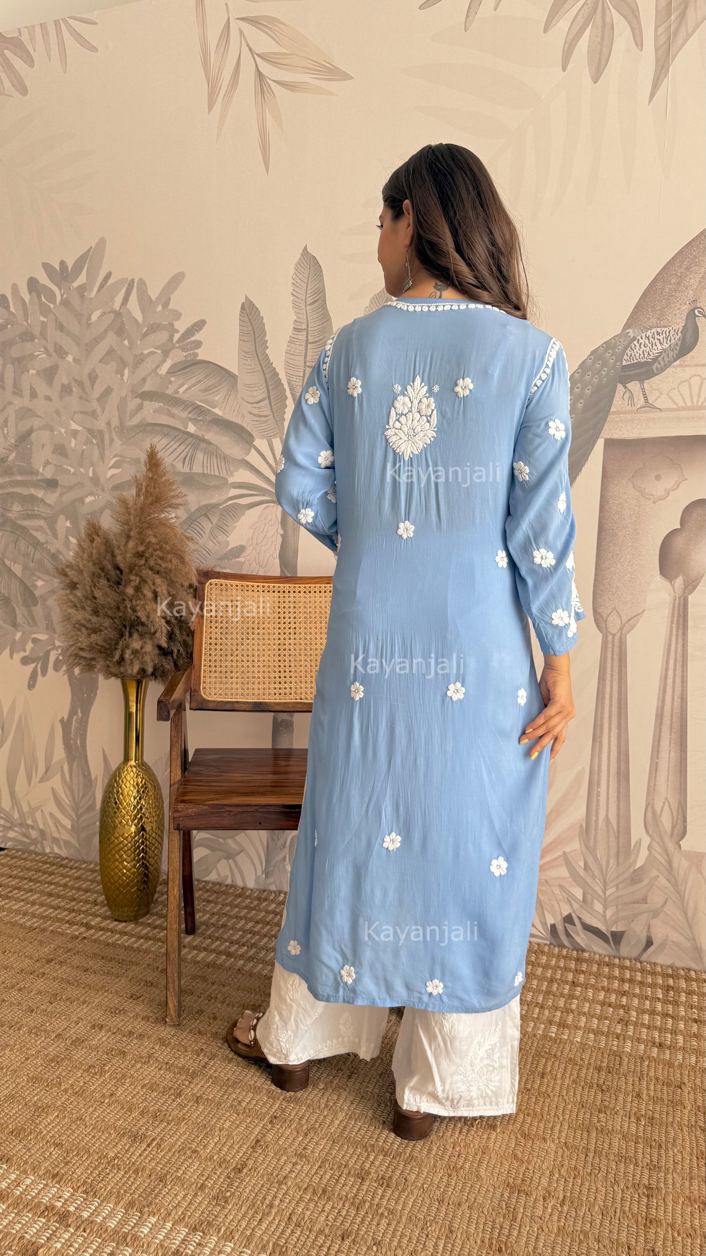 RAABTA PREMIUM DESIGNER LONG POWDER BLUE MODAL STRAIGHT KURTA