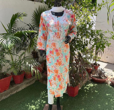 Heer Peach Multi Color Mulmul Kurta