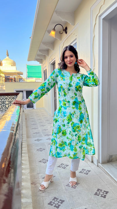 HEER GREEN MULMUL CHIKANKARI KURTA AND PANT SET
