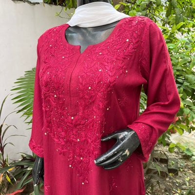 Naaz Rayon Maroon Mukaish Work Kurta And Pant Set