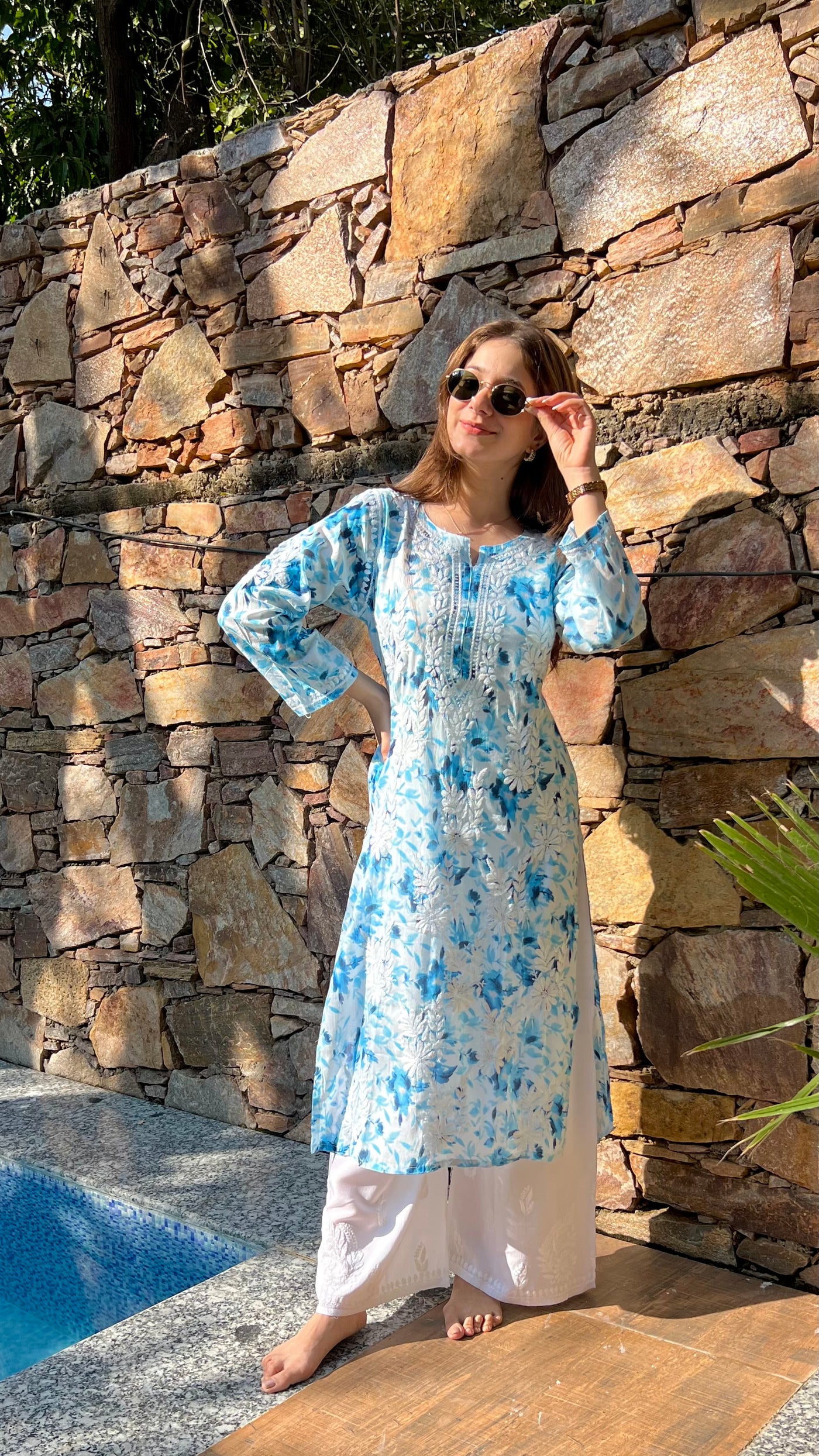HOOR LONG BLUE MULMUL CHIKANKARI KURTA
