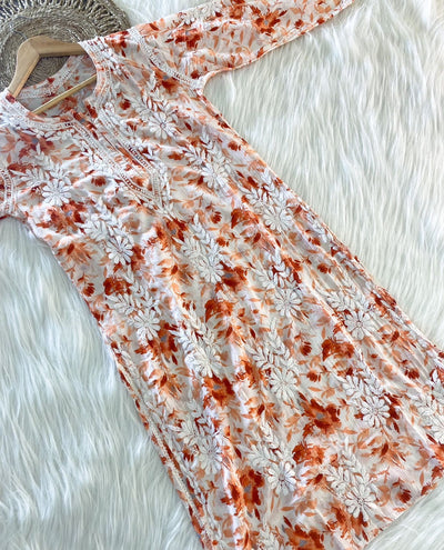 Hoor Orange Mulmul Chikankari Kurta And Pant Set