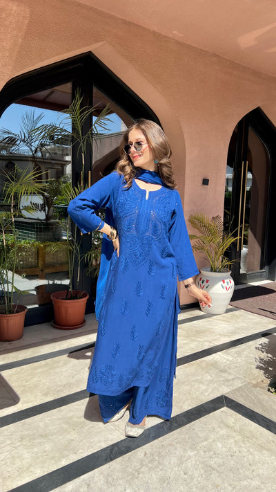 Chandani Premium Blue Rayon Mukaish Work Kurta Set
