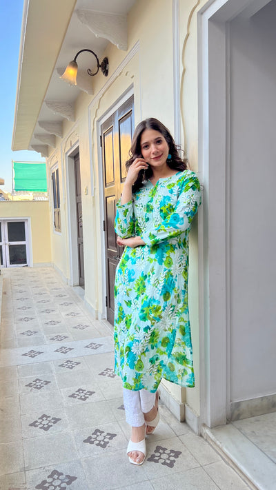 HOOR LONG MULMUL CHIKANKARI KURTA