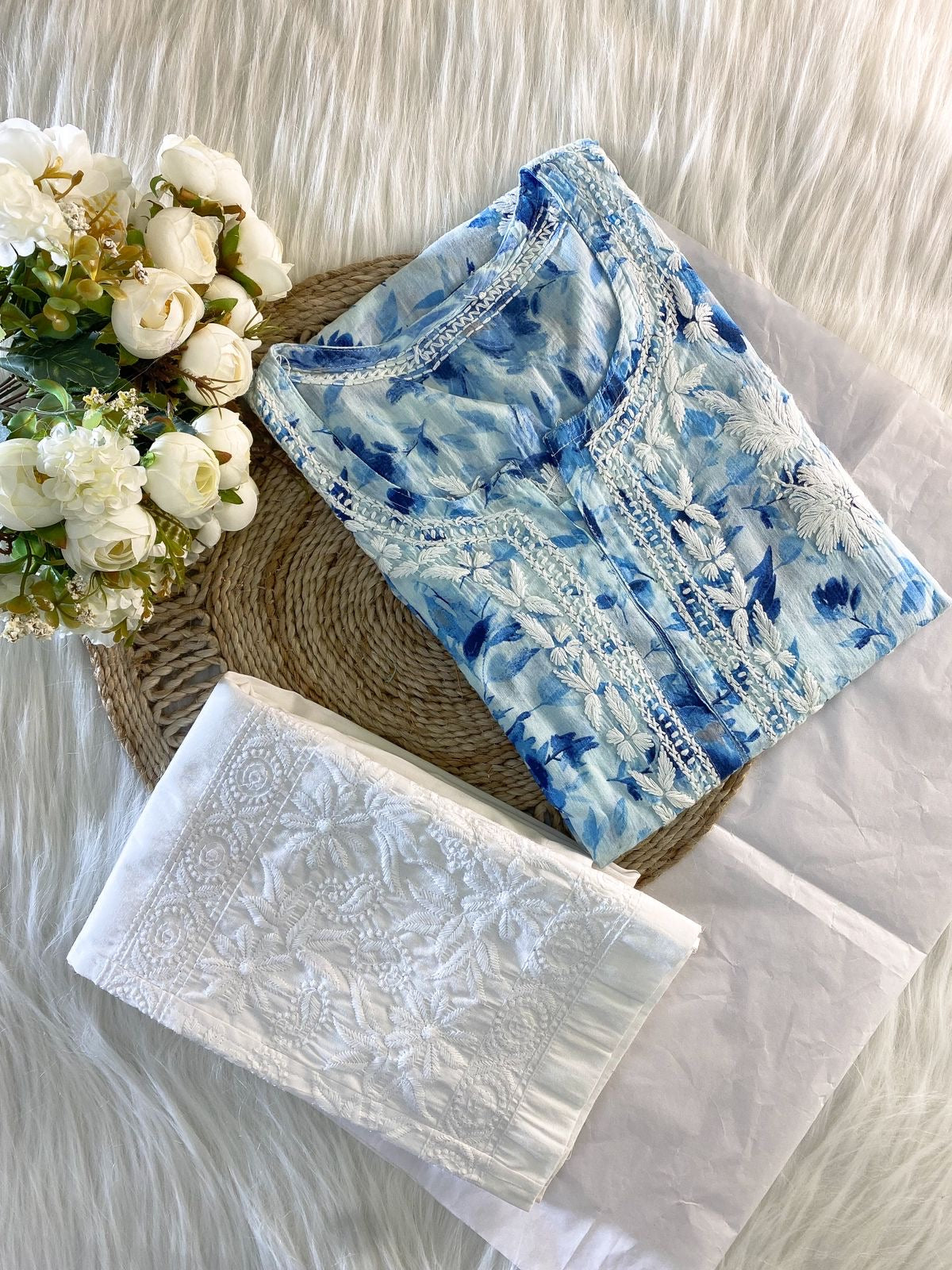 Hoor Handcrafted Blue Mulmul Chikankari Kurta And Pant Set