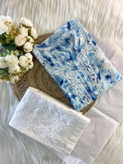 Hoor Handcrafted Blue Mulmul Chikankari Kurta And Pant Set