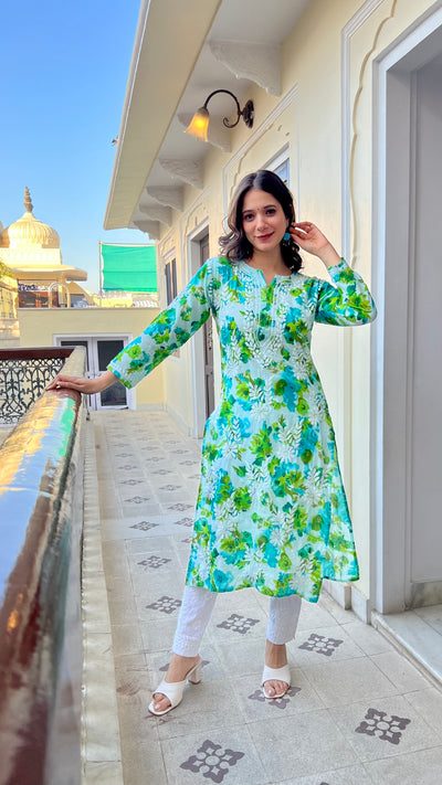 HOOR LONG MULMUL CHIKANKARI KURTA