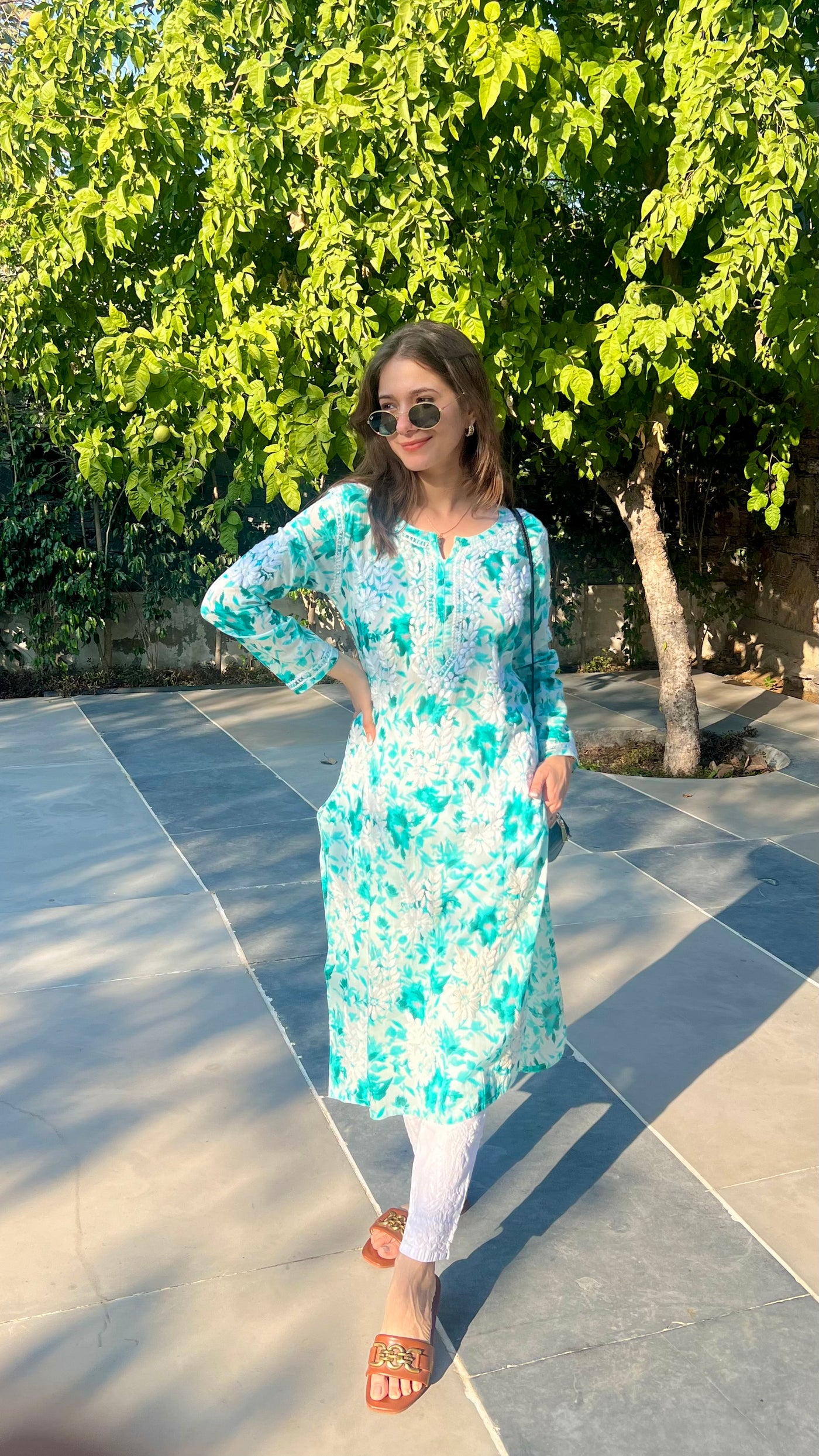 Hoor Long Sea Green Mulmul Chikankari Kurta