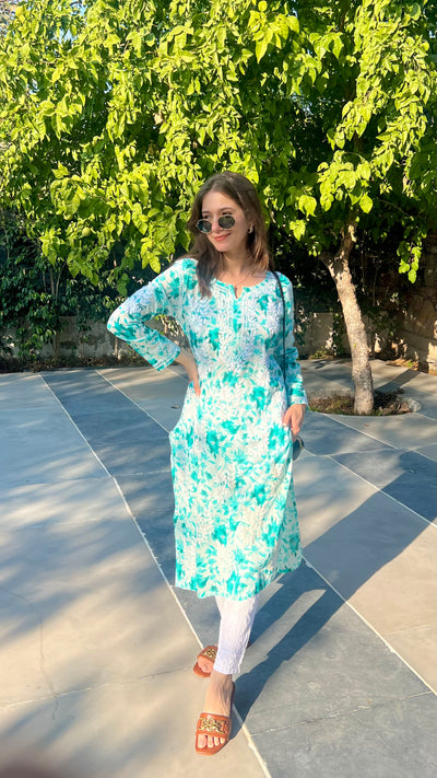 Hoor Long Sea Green Mulmul Chikankari Kurta