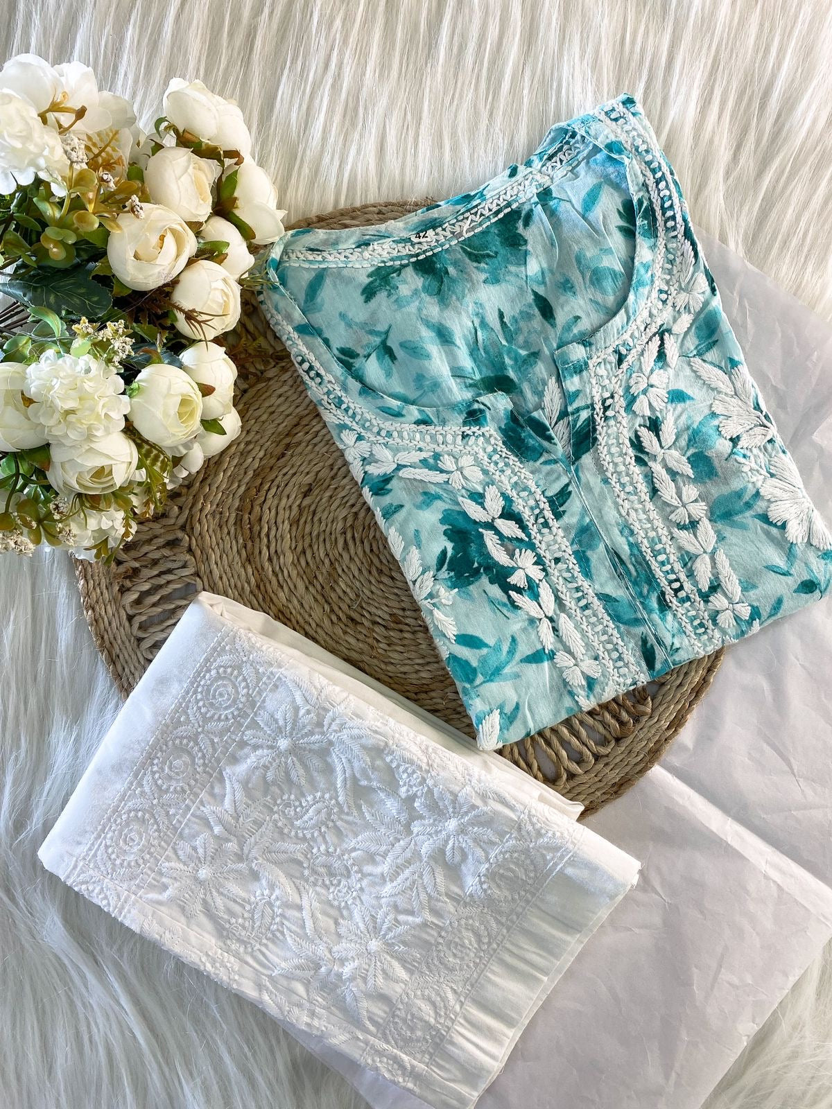 Hoor Sea Green Mulmul Chikankari Kurta And Pant Set