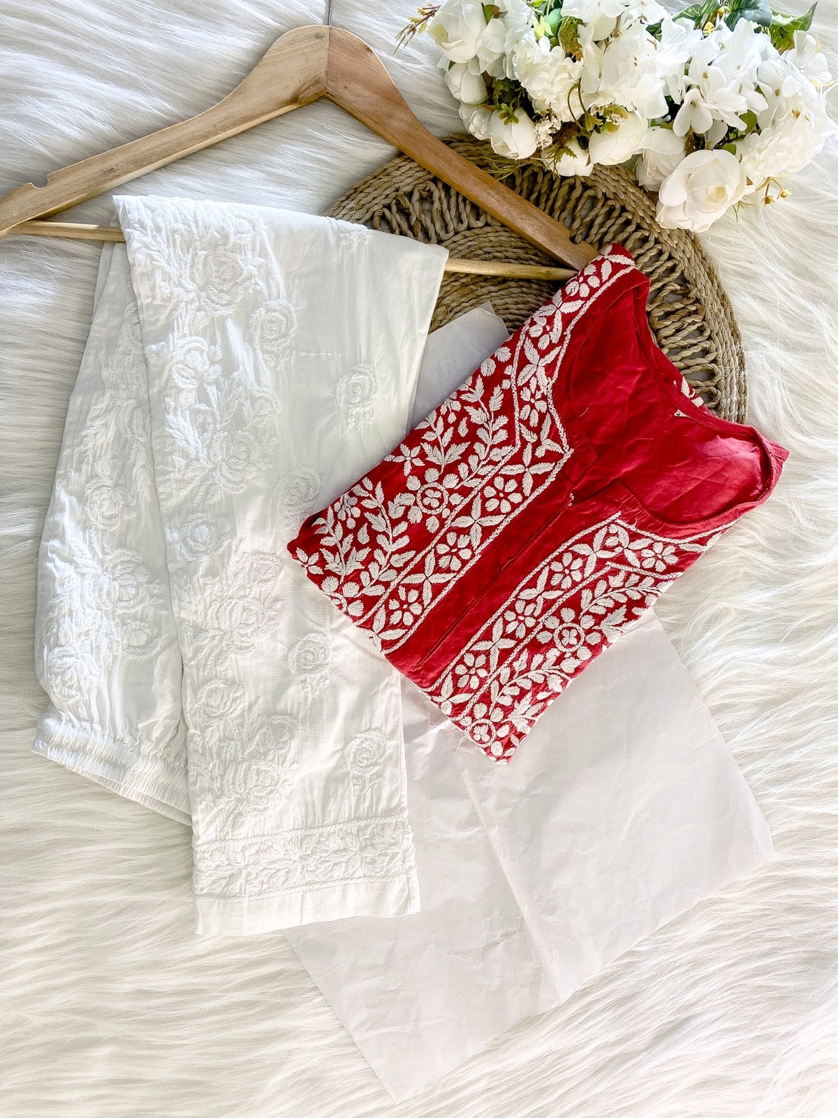 Nazakat HANDCRAFTED Red MODAL KURTA AND PANT SET