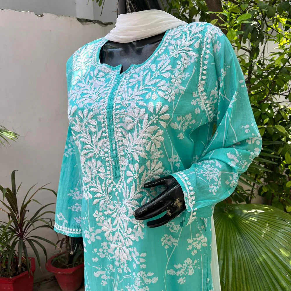 Pakizah Sea Green Long Mulmul Kurta