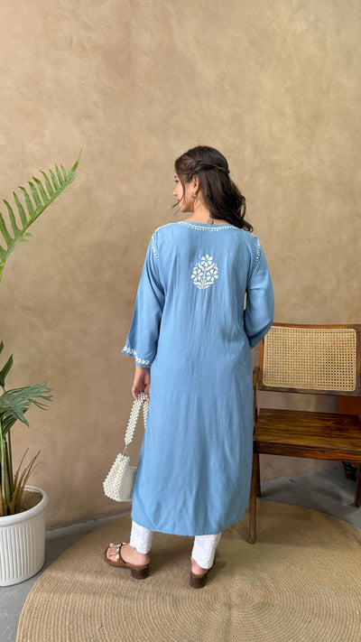 Raaha Powder Blue Long Rayon Straight Kurta