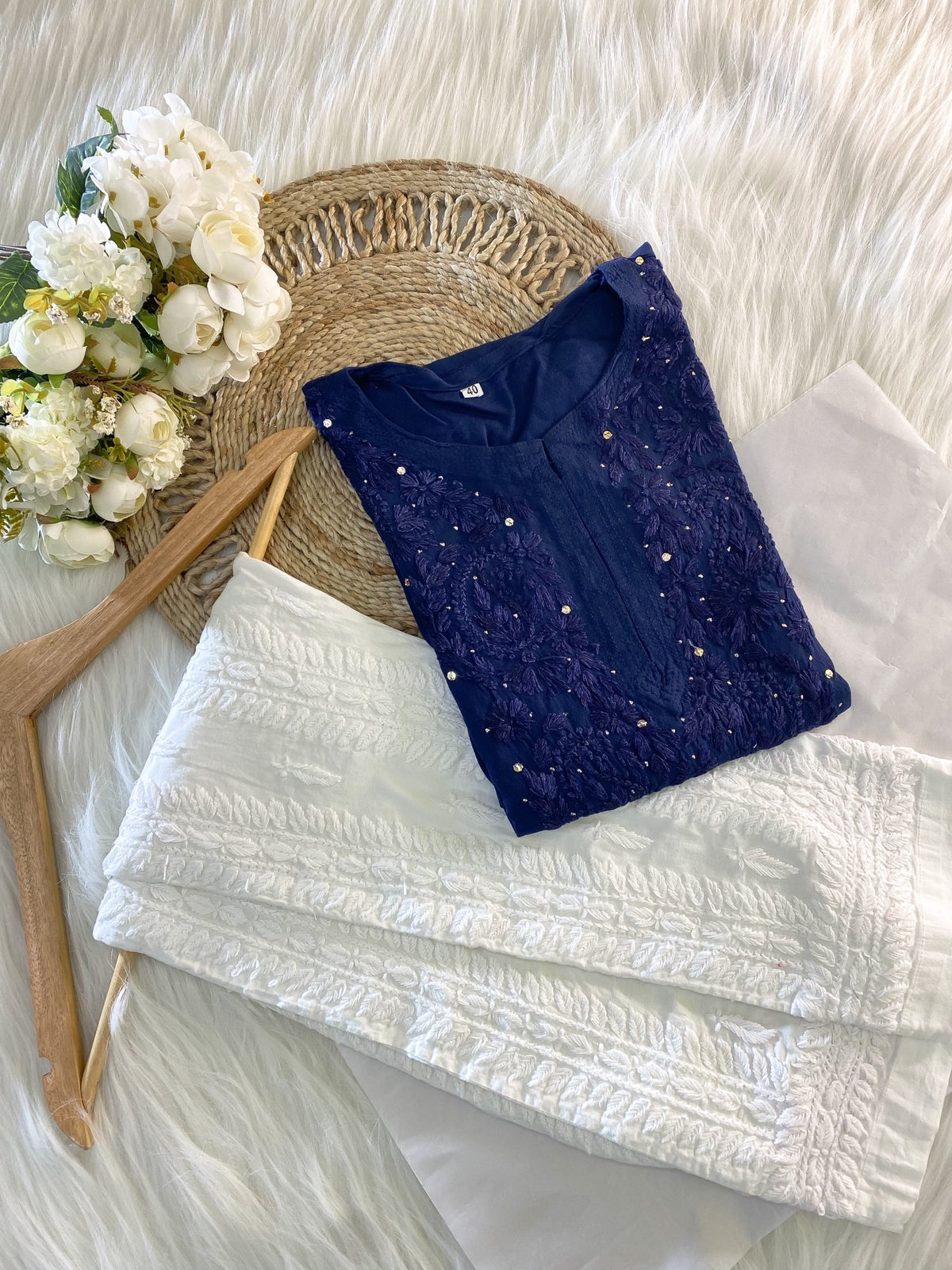 Naaz Rayon Blue Mukaish Work Kurta And Pant Set