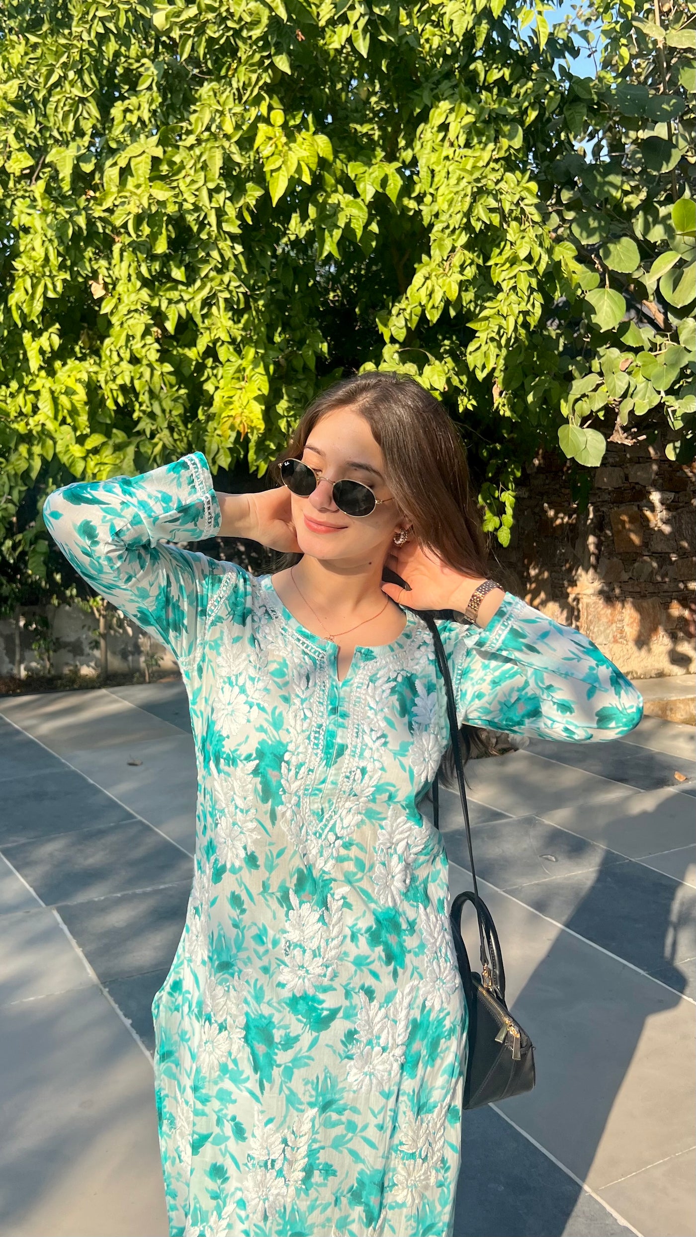Hoor Long Sea Green Mulmul Chikankari Kurta