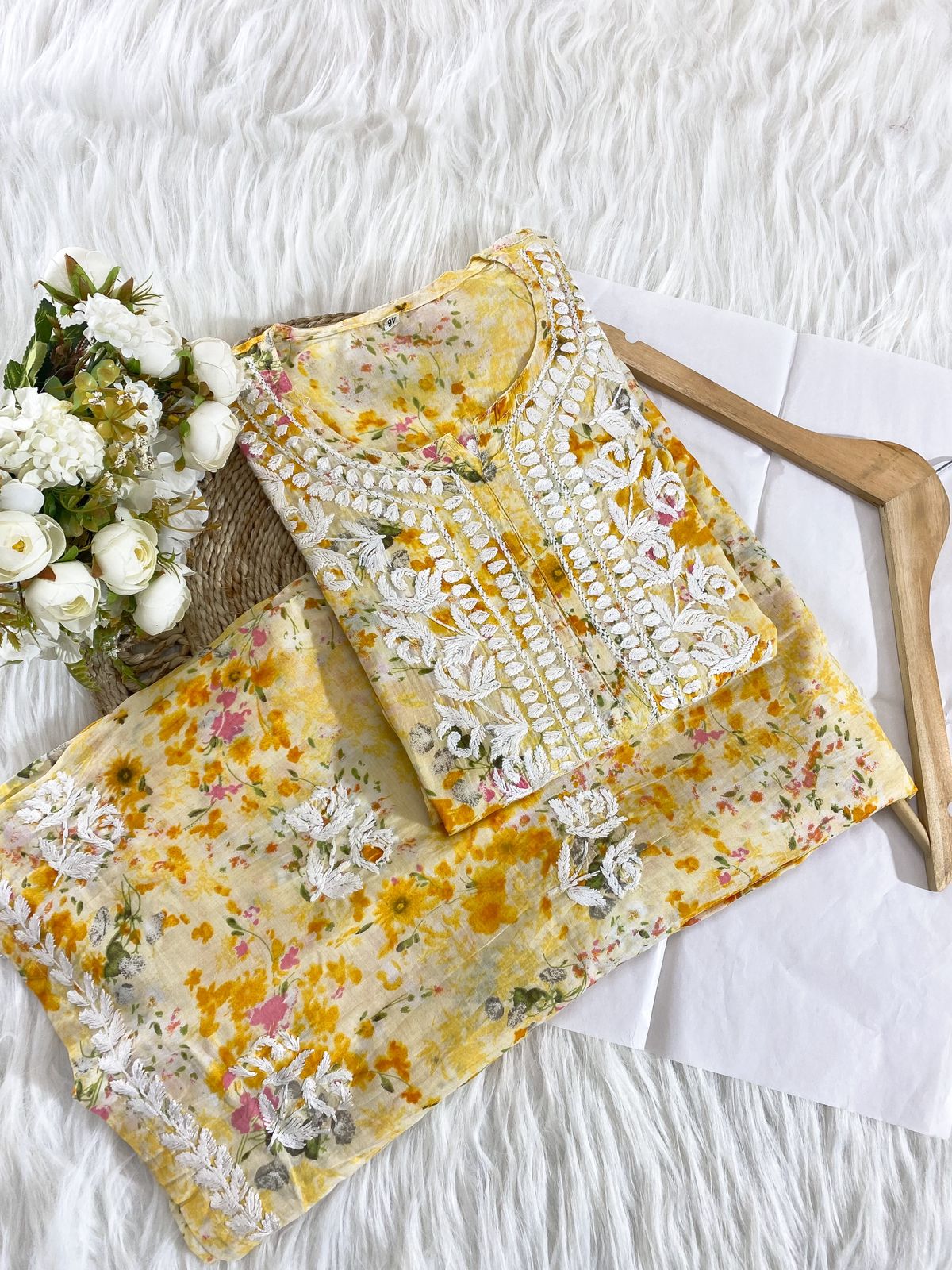 GUL Yellow HANDCRAFTED MULMUL CHIKANKARI CO-RD SET