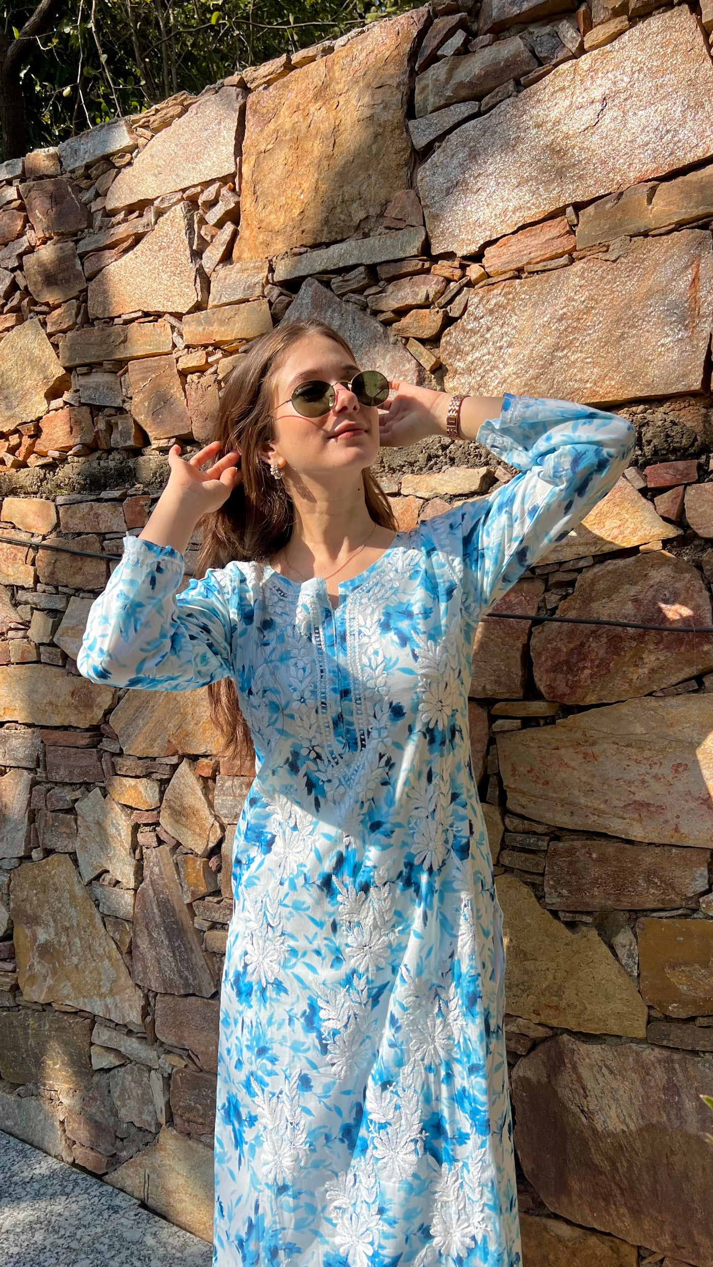 HOOR LONG BLUE MULMUL CHIKANKARI KURTA