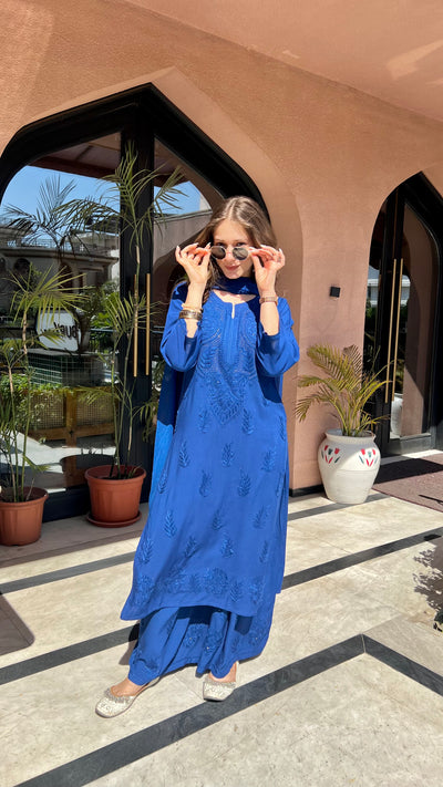 Chandani Premium Blue Rayon Mukaish Work Kurta Set