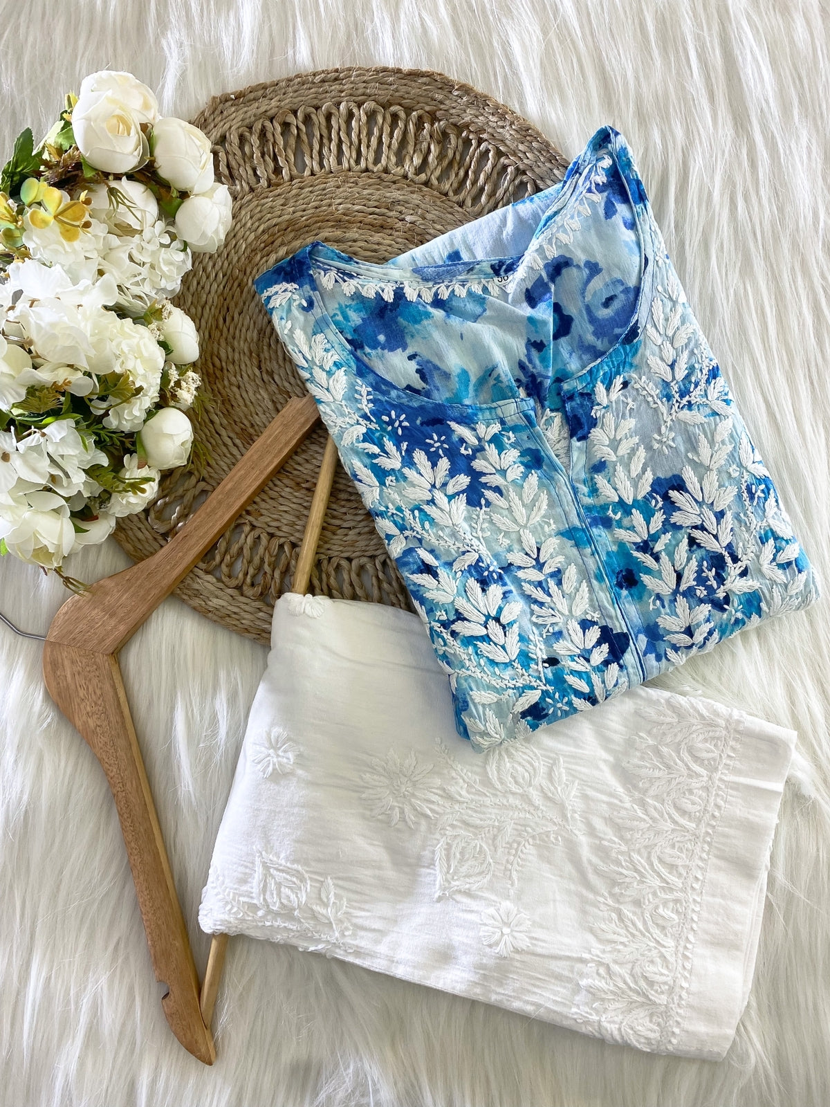 HEER Blue MULMUL CHIKANKARI KURTA AND PANT SET